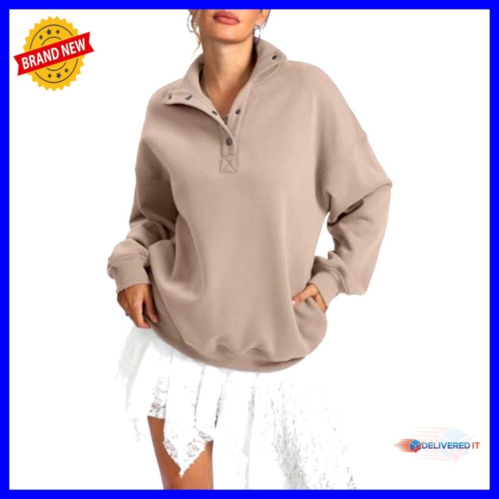 Oversized Fleece Sweatshirt Henley Neck Button Pullover Long Sleeve Top - Picture 2 of 7